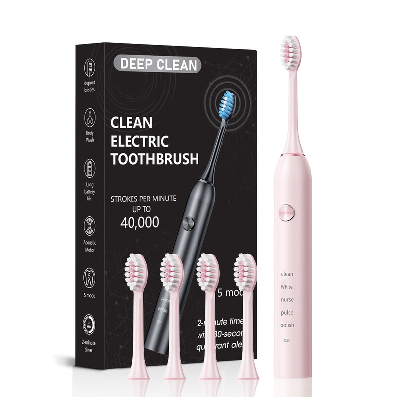 Pink Professional Sonic Toothbrush for Adults – 5 Modes, Smart Timer (4 brush heads)