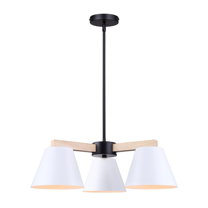 Canarm ICH1124A03BWW Harlyn Three Light Chandelier Matte Black, Matte White, And Wood