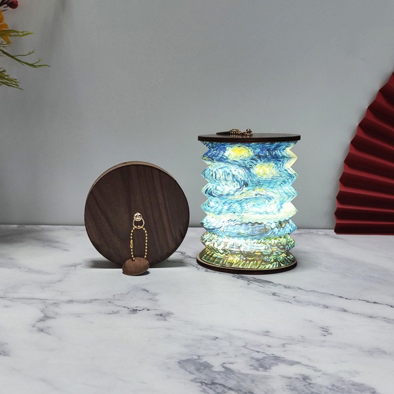 Foldable Telescopic Lantern Lamp – 3 Light Modes, USB Rechargeable, Wood/Paper Finish(Starry Night by Van Gogh)