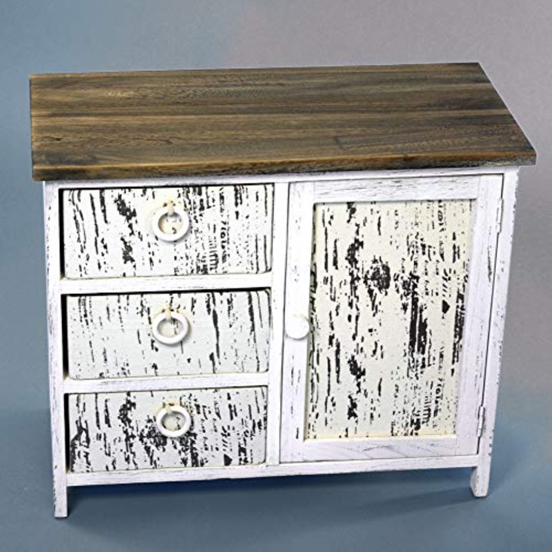 GeKi Trend Chabby Chic – Cassettiera in legno, stile vintage, 3 cassetti, 1 anta, colore: bianco anticato, marrone, decorazione per la camera da letto, 59 x 50 cm