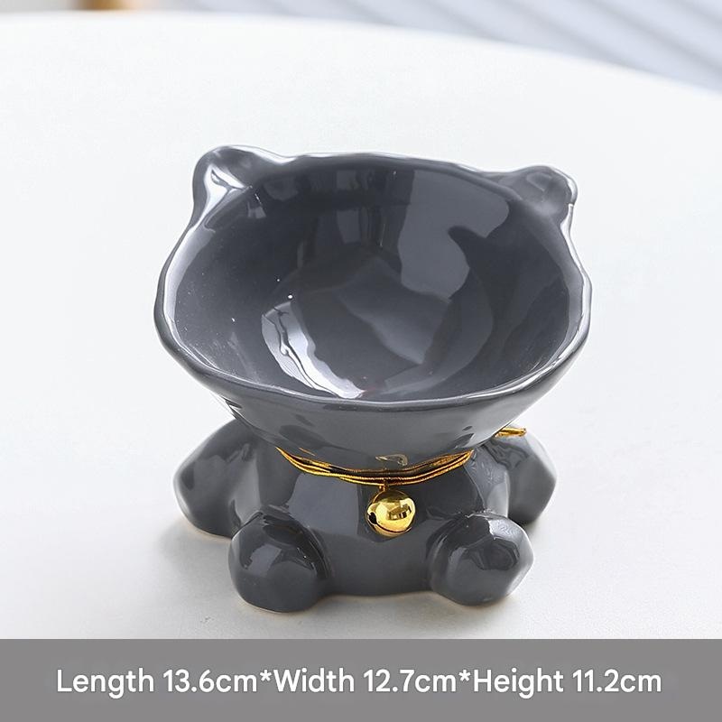 Gray Cute Ceramic Cat Bowl – Pet Feeder for Feeding and Drinking
