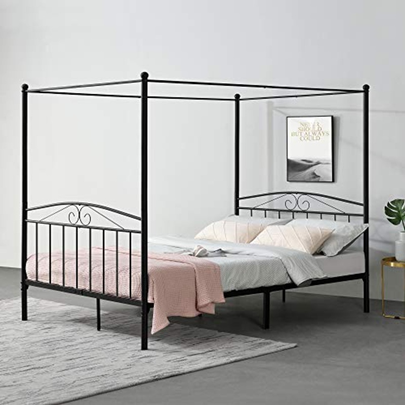 [en.casa] Struttura Letto a Baldacchino in Acciaio con Testiera e Pediera 200 x 180 cm Letto Matrimoniale/King Size in Stile Classico/Romantico – Nero