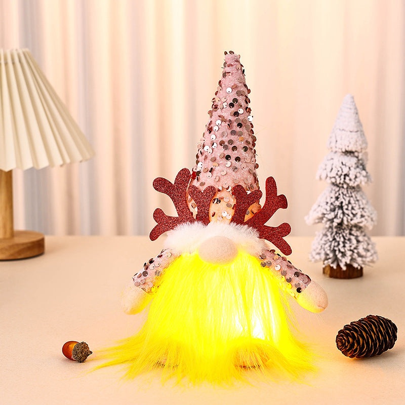 Light-Up Christmas Gnome Plush Doll with Sequin Hat & Antlers – Festive LED Tabletop Decoration(pink)