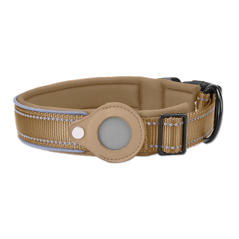 S Khaki Secure Nylon Dog Collar with Built-in Apple AirTag (not included) Holder Case – Pet Tracker Accessory