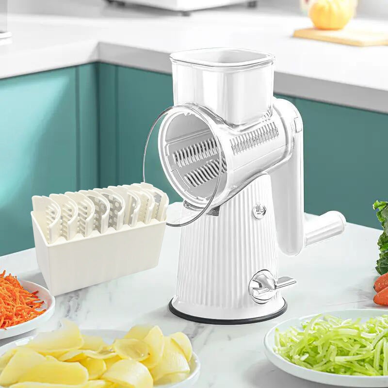 Multi-Function Rotary Vegetable Slicer & Grater – 5 Blade Types (10 Pcs Total) with Storage Box-white