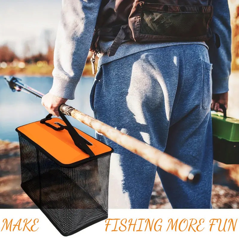 1 Piece Orange and Black Durable Collapsible Fishing Keepnet – Large 40.5L Quick-Dry Coated Nylon Fish Basket for Live Bait & Catch
