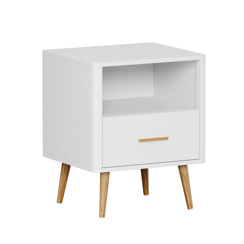 Oikiture Bedside Table 1 Drawer Open Shelf Nightstand White