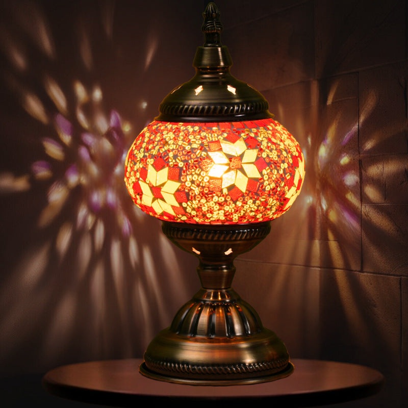 Red Exotic Mosaic Table Lamp – Handmade Turkish/Moroccan Style, 3-Color LED (Style 3)