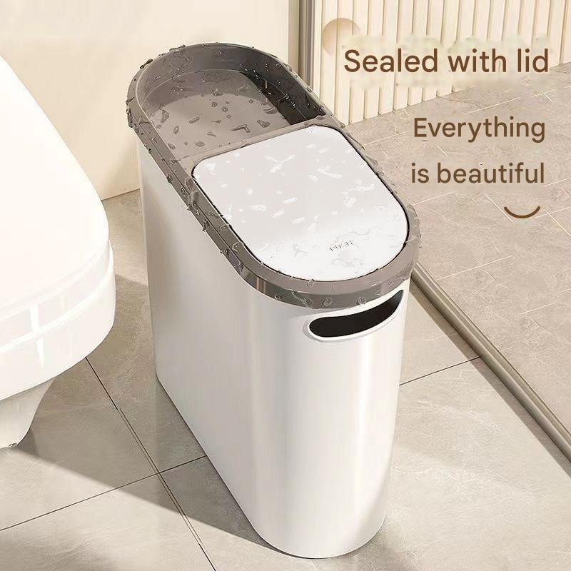 Slim Press-Top Trash Can with Top Storage Compartment – Narrow Design for Bathroom & Small Spaces(White cover + ash bucket)