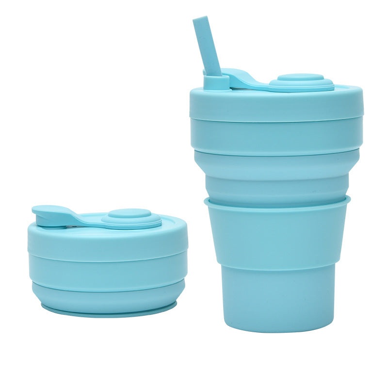2 Pcs Light Blue 350ml Collapsible Silicone Travel Cup – Portable, Leak-Proof & Food-Grade Drinking Mug with Lid, Insulating Sleeve & Straw