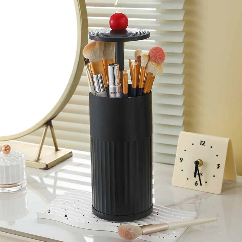 Black Automatic Lifting Makeup Brush Holder – Dustproof Desktop Organizer with Lid & Compartments