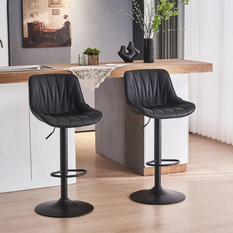 SERENIT Black Modern Height Adjustable Swivel Bar Stools Upholstered Leather Barstool Kitchen Island Chairs with Metal Frame (Set of 2)