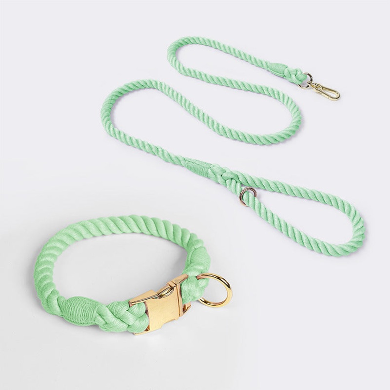 Handmade Rope Dog Collar and Leash Set – Colorful Woven Cotton Cotton (Mint green – Size M)