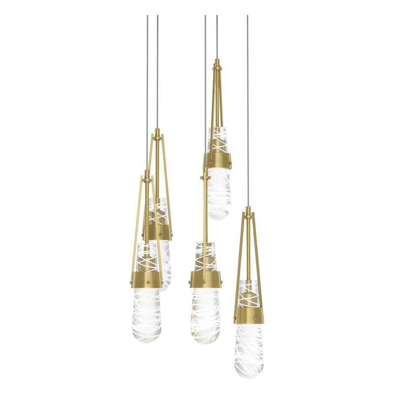 Link 5-Light Blown Glass Pendant Modern Brass Clear Glass with White Threading (YJ)
