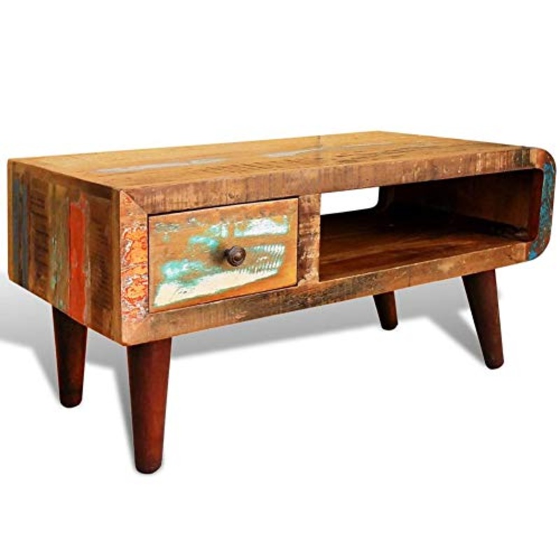 Comodino in legno riciclato, comodino da comodino con bordo curvo e 1 cassetto per corridoio, camera da letto, soggiorno, 88,9 x 45,7 x 45,7 cm