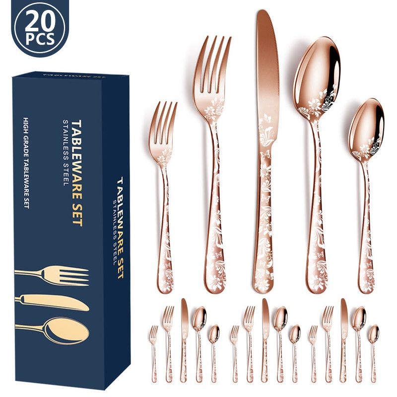 Rose Gold Elegant 20-Piece Stainless Steel Cutlery Set with Floral Design – Dinner & Steak Knives, Forks, Spoons