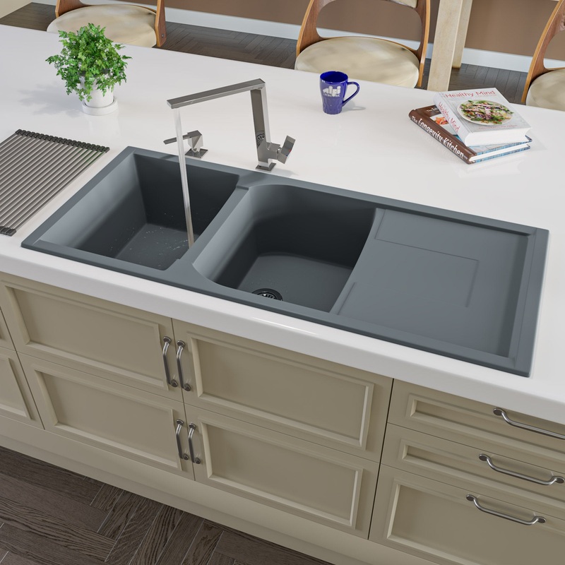 ALFI brand AB4620DI-T Titanium 46″ Double Bowl Granite Composite Kitchen Sink with Drainboard