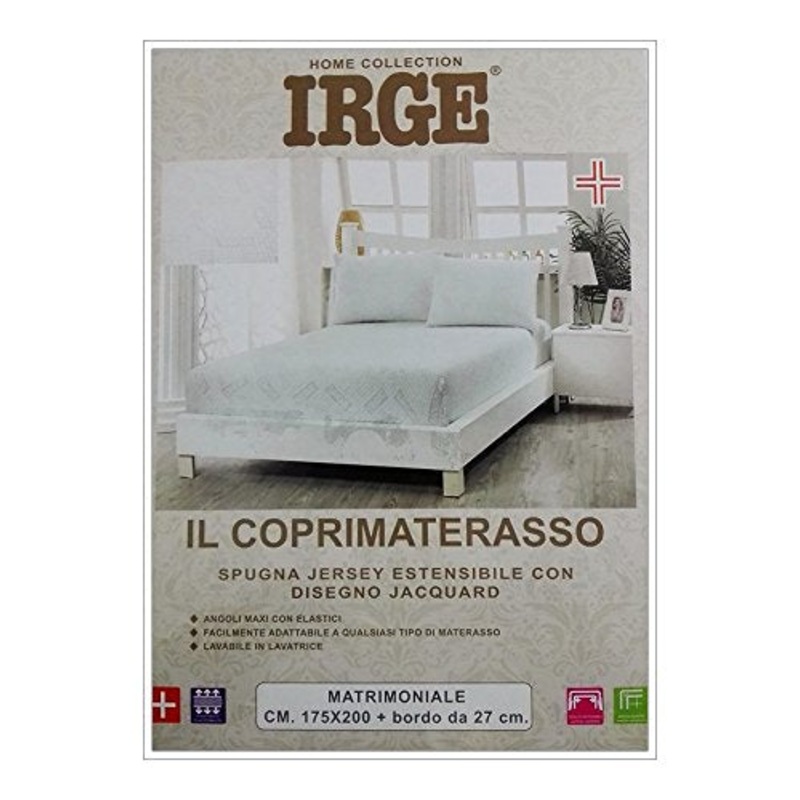 Irge COPRIMATERASSO in Spugna Jersey Estensibile con Disegno Jacquard CM 175X200 con Bordo da 27 CM