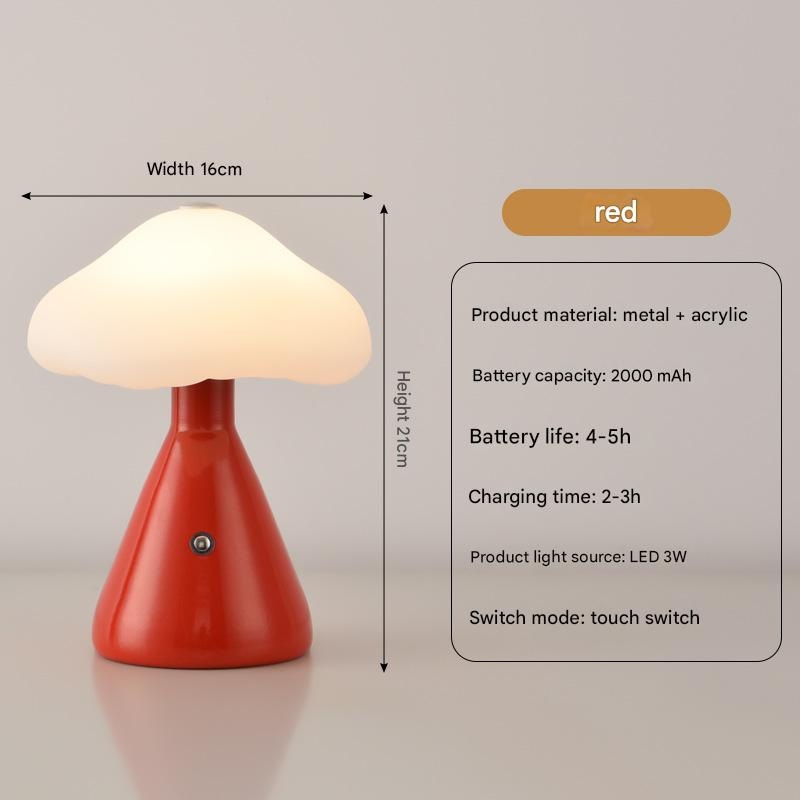 Red Mushroom LED Table Lamp – Rechargeable, 3-Color Touch Dimmable, USB-C
