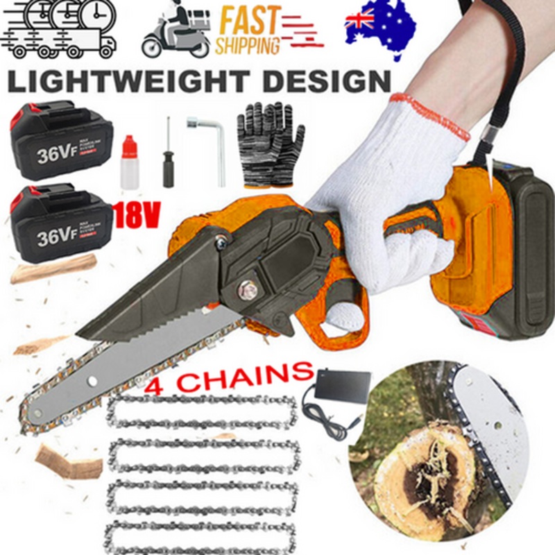6″ Mini Orange Cordless Electric Chainsaw 2X Battery-Powered Wood Cutter Rechargeable