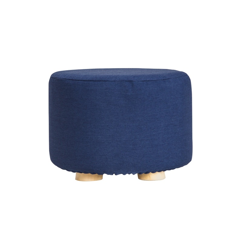 Fabric Ottoman Round Wooden Leg Foot Stool – DARK BLUE