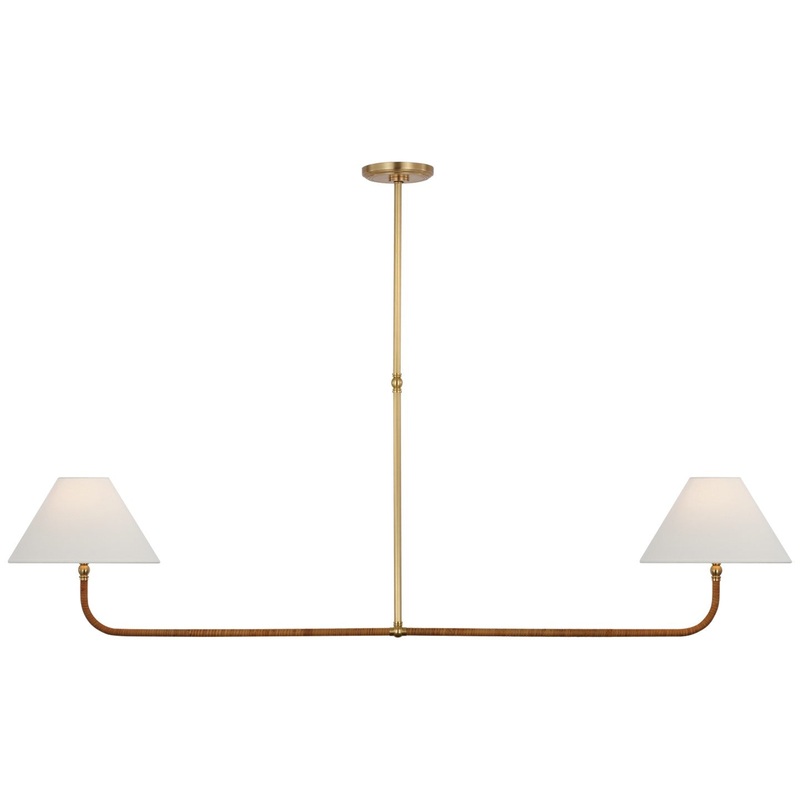 LED Linear Chandelier from the Basden Collection in Antique-Burnished Brass and Natural Rattan Finish by Visual Comfort Signature