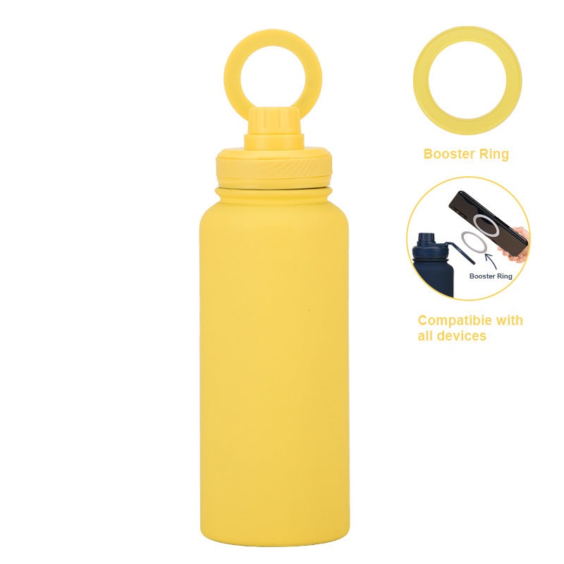 Yellow 1L Stainless Steel Water Bottle with Magnetic Phone Holder Lid – Portable Hydration & Hands-Free Stand