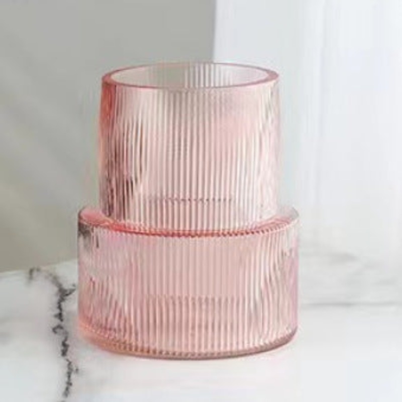 Pink Modern Two-Tier Ribbed Glass Vase – Elegant Cylindrical Flower Centrepiece for Home Decor