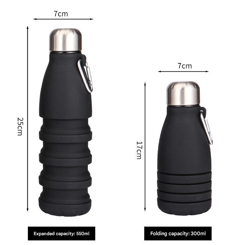 Black Collapsible Silicone Water Bottle – Portable Sports Hydration Flask with Carabiner, 550ml/300ml