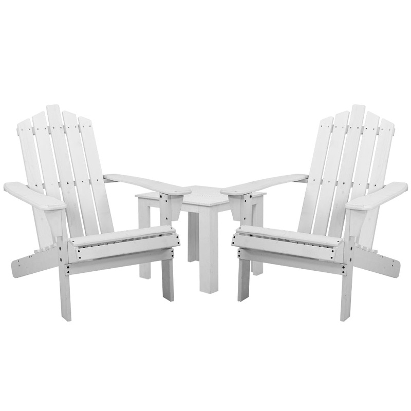 Gardeon 3PC Adirondack Outdoor Table and Chairs Wooden Beach Chair White