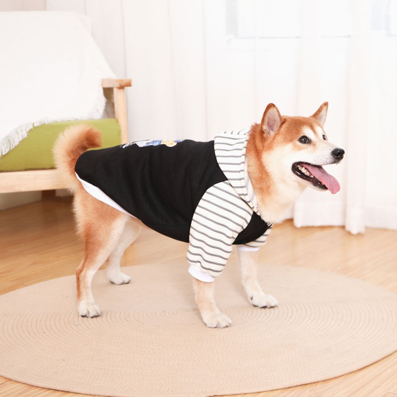 Autumn/Winter Dog Clothes – Black Hoodie with Striped Hood & Baseball Bear (Size – S)