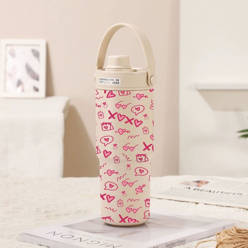Light Cream Coffee – Pink Love 30oz Ceramic-Lined Insulated Tumbler with Handle, 735ml Stainless Steel Travel Mug