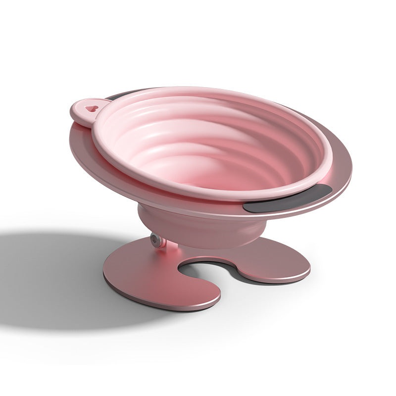 Pink Foldable Elevated Pet Bowl Set – Tilted Ergonomic Cat Feeder with Aluminum Stand & Silicone Bowl