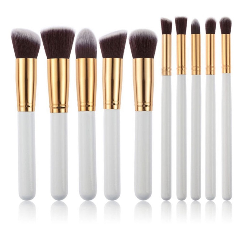 10-Piece White gold Makeup Brush Set – Large and Small Brushes for Professional Beauty Application