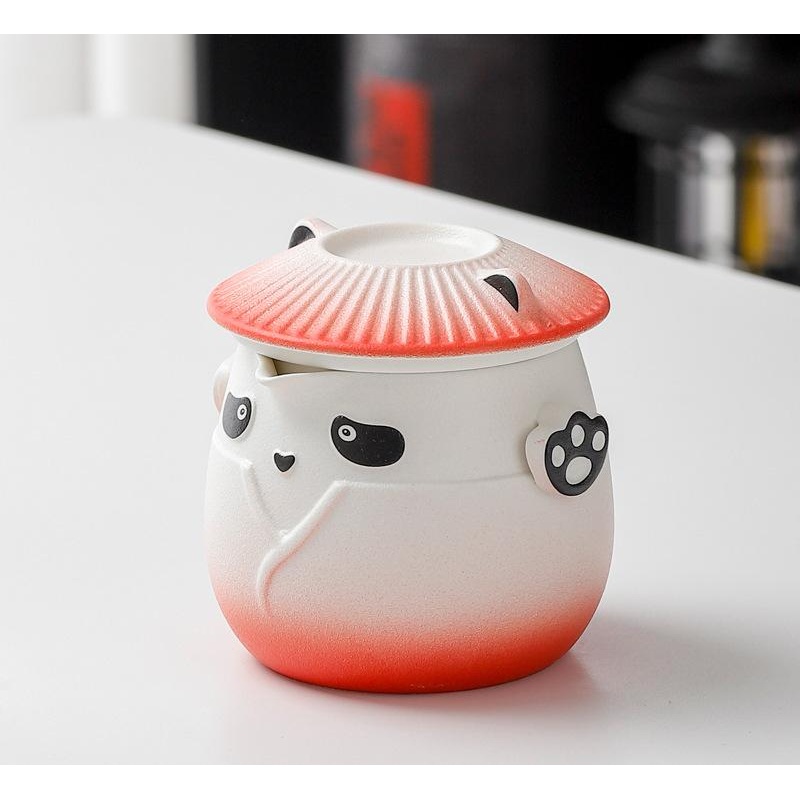 Adorable Panda Design Ceramic Tea Infuser Mug Set – 310ml Travel Crackle Glaze Cup with Lid & Strainer(red)