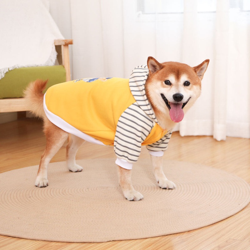 Autumn/Winter Dog Clothes – Yellow Hoodie with Striped Hood & Baseball Bear (Size – S)
