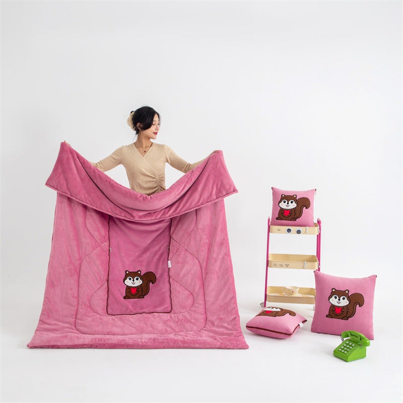 Pink Little Squirrel – 2-in-1 Foldable Car Pillow Blanket – Cozy 40x40cm Pillow, Unfolds to 100x150cm Blanket for Travel and Office Naps