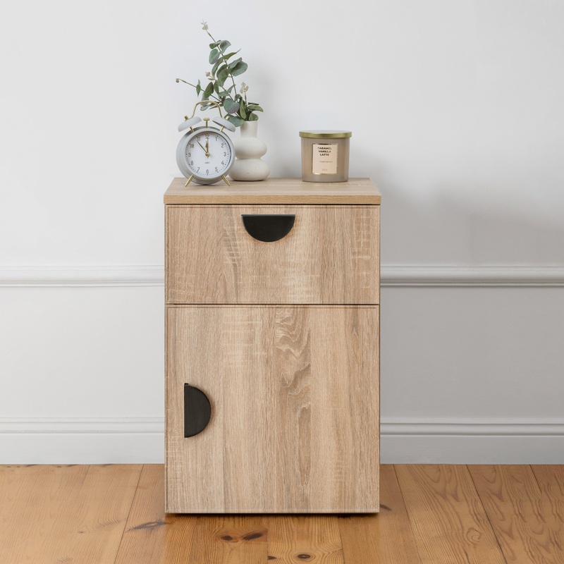 PORTO BEDSIDE TABLE – NATURAL OAK – SLIM – HALF MOON BLACK