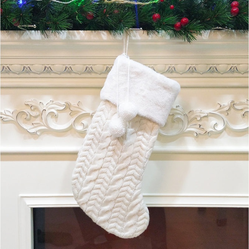 White Large Cable Knit Christmas Stocking – Classic 43cm Holiday Decor for Fireplace Hanging