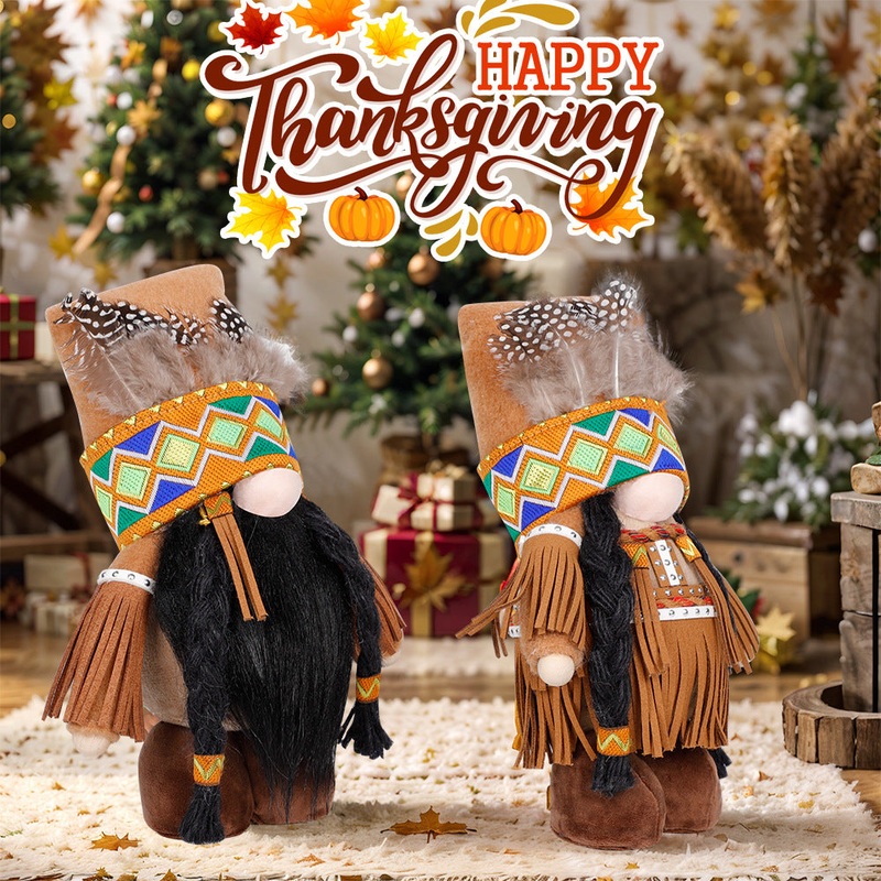 Plush Thanksgiving Dolls – Faceless Figures with Fringe & Braids (Set of 2)