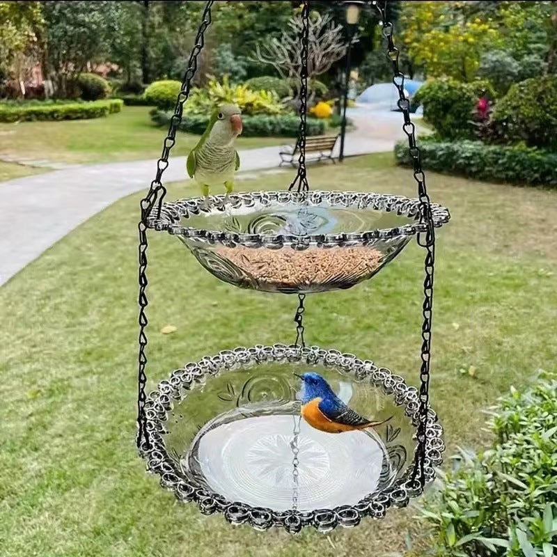 2 Set Grey Elegant Hanging Glass Bird Feeder – Double Tier for Garden Birds