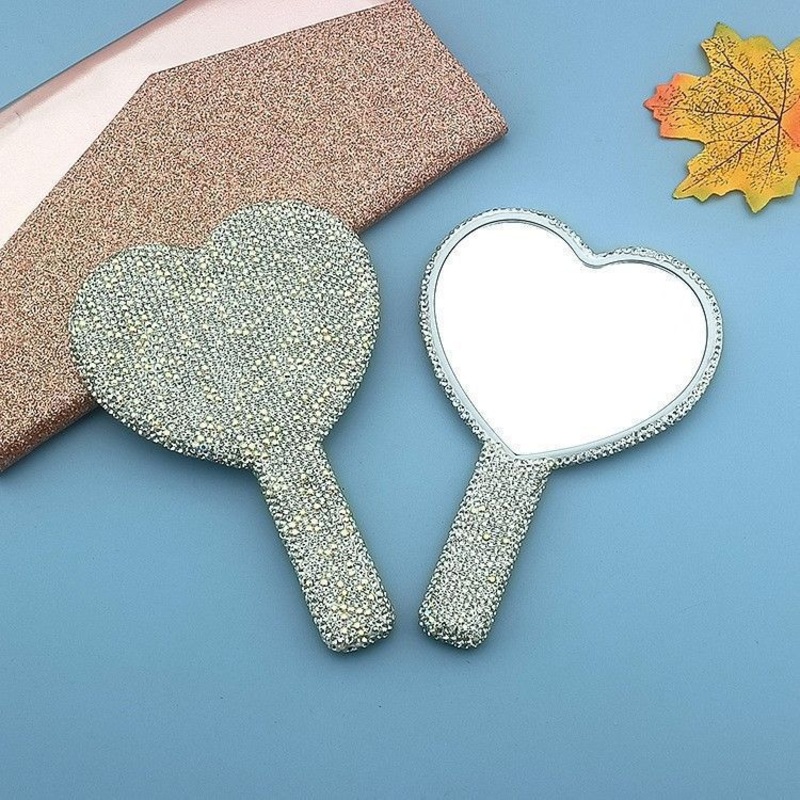 2PCS White Glamorous Diamond-Encrusted Heart Handheld Mirror – Luxe High-Definition Makeup Essential