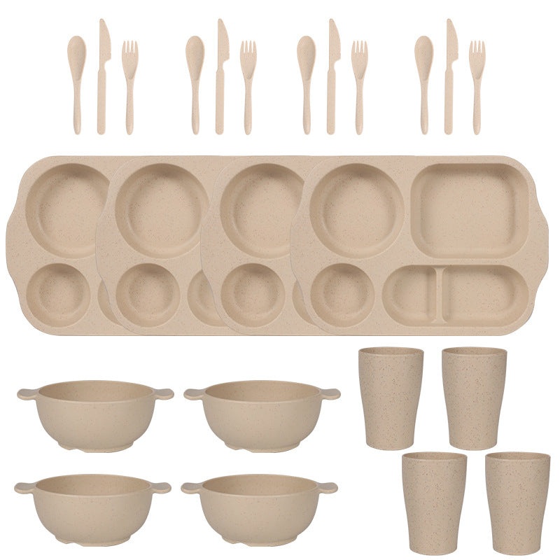 Beige Durable Eco-Friendly Wheat Straw Dinnerware Set – 24 Pieces with Plates, Bowls, Cups & Cutlery