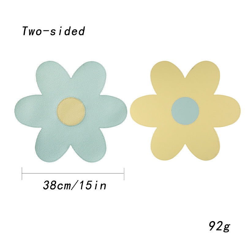 Blue Background With Yellow Heart + Yellow Background With Blue Heart Set of 6 Reversible Flower Shaped Placemats – Waterproof PU Leather Dining Table Mats