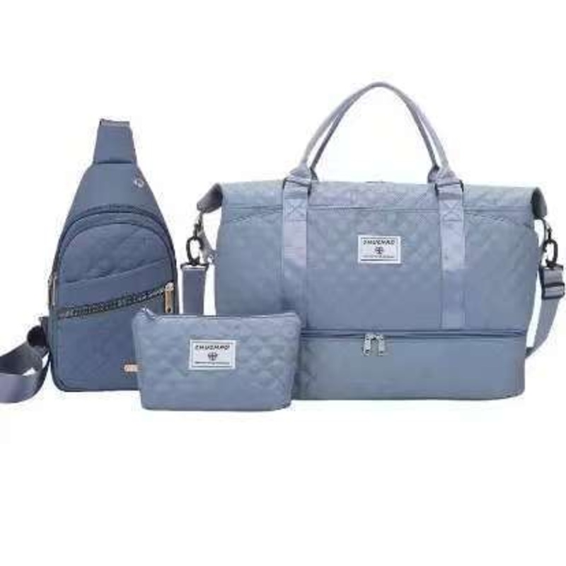 Blue Chic 3-Piece Quilted Travel Bag Set – Duffel, Crossbody Sling & Toiletry Pouch – Large Capacity & Lightweight