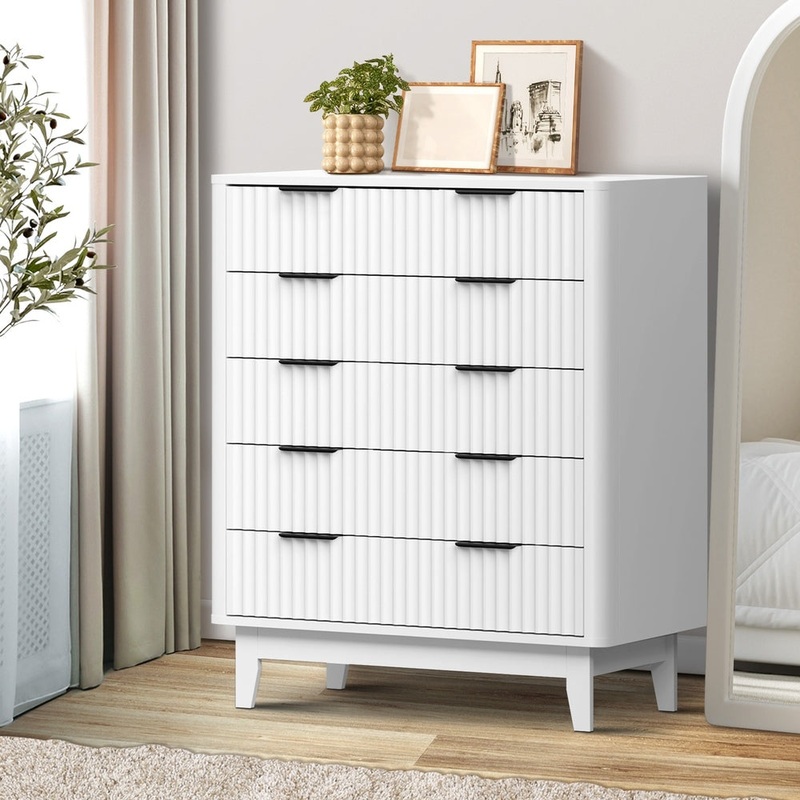 Oikiture 5 Chest of Drawers Dressers Tallboy Stripe White