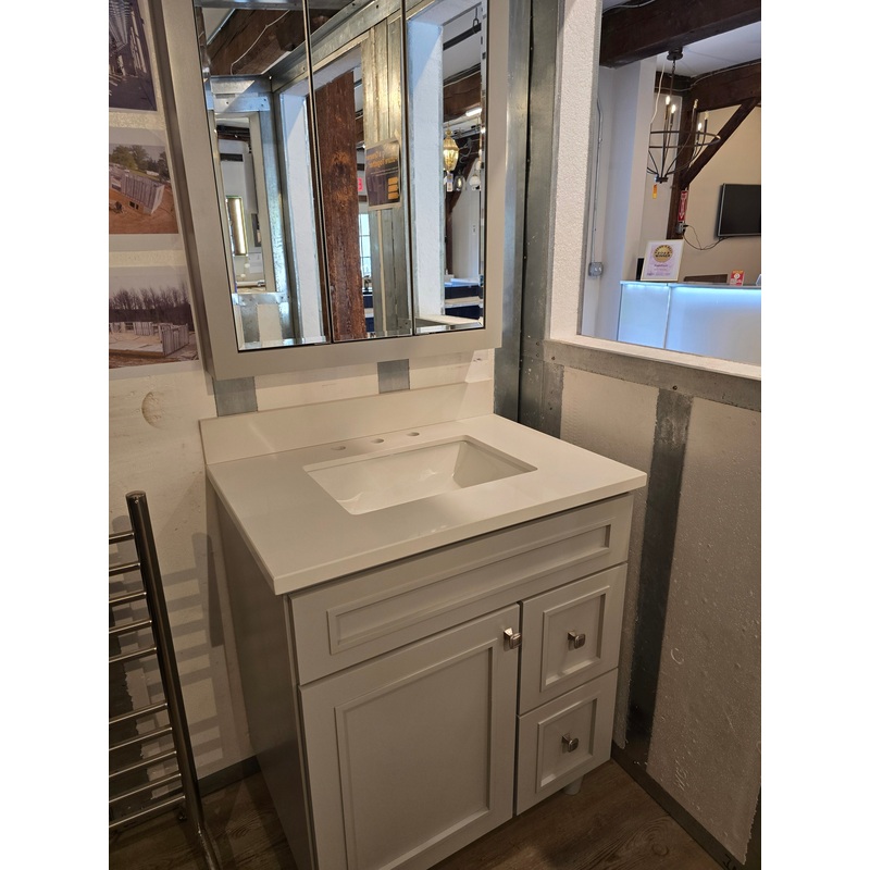 30″ Light Grey Bertch Vanity with Quartz Top and Matching Medicine Cabinet