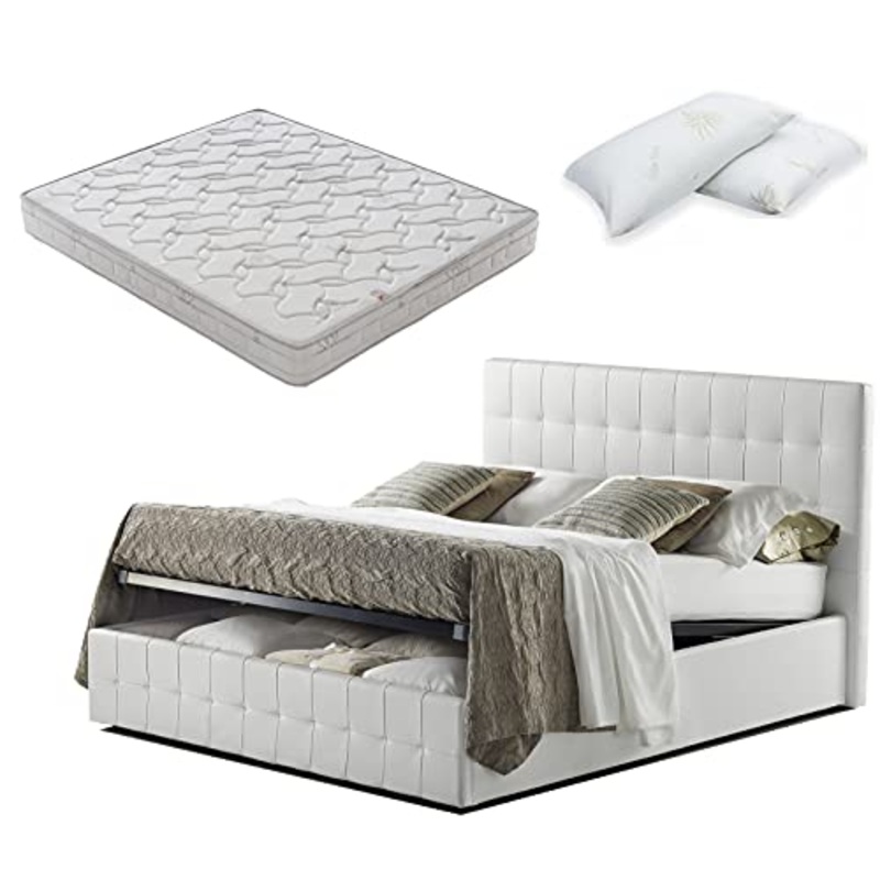 SARDAMATERASSI -Letto Matrimoniale con Box Contenitore similpelle bianco + Materasso Matrimoniale memory 20 cm+ coppia guanciali memory +coprimaterasso in spugna