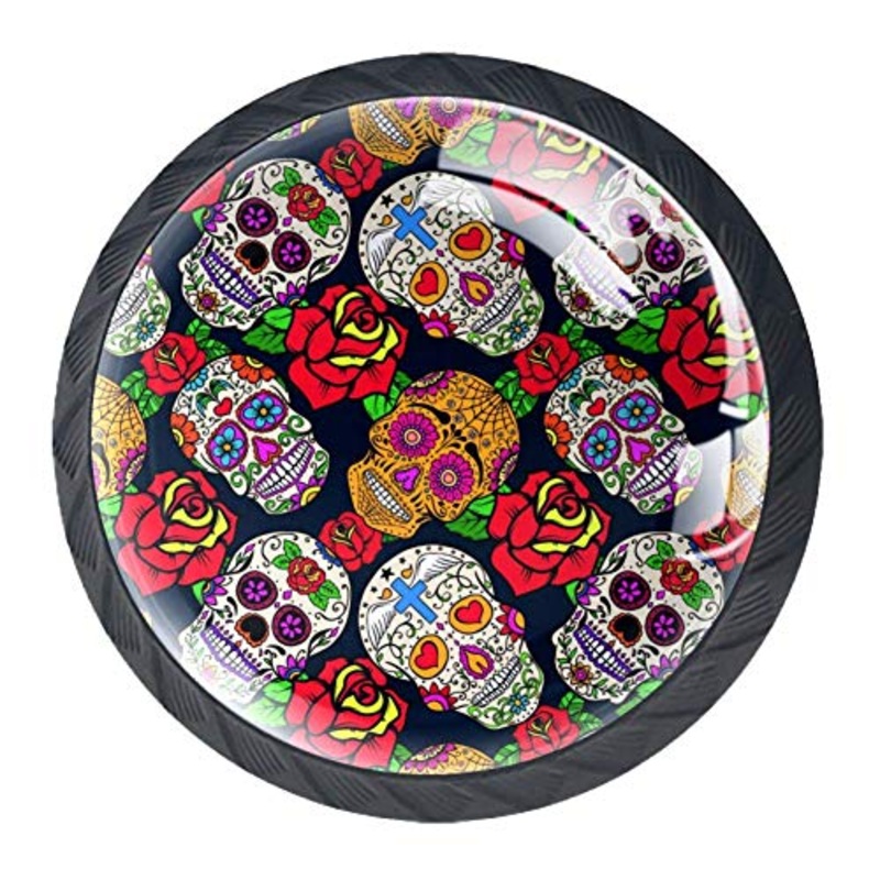 Teschio di zucchero messicano con maniglie per cassetti con rose per cassetti, design diverso, stampa in vetro, maniglie per cassetti