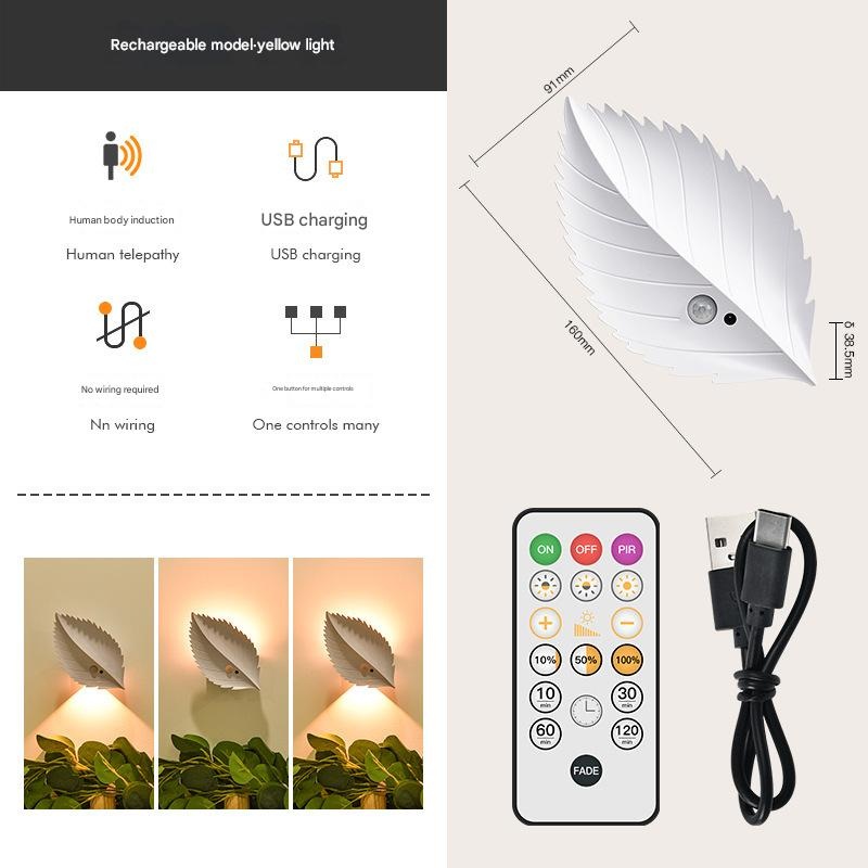 White Leaf-Shaped LED Motion Sensor Night Light – USB Rechargeable Wireless Wall Lamp with Remote Control